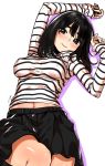  1girl bangs black_skirt blush breasts brown_eyes brown_hair commentary_request commission eyebrows highres long_hair looking_at_viewer midriff navel original pleated_skirt pyojunbe shirt signature skirt smile solo striped striped_shirt 