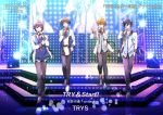  4boys akizuki_ryou amagase_touma aoi_yuusuke belt group_name highres idolmaster idolmaster_side-m iseya_shiki iyutani microphone multiple_boys music necktie plaid red_neckwear singing stage 