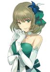  1girl bangs blue_flower blush breasts brown_hair cleavage collarbone detached_sleeves dress eyebrows_visible_through_hair flower gloves green_dress green_eyes green_ribbon hair_between_eyes hair_flower hair_ornament hair_ribbon highres idolmaster idolmaster_cinderella_girls kayanogura long_sleeves looking_at_viewer medium_breasts parted_lips ribbon simple_background solo strapless strapless_dress takagaki_kaede white_background white_gloves white_sleeves 