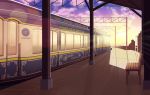  absurdres bench biako clouds cloudy_sky commentary_request evening gradient_sky ground_vehicle highres no_humans original outdoors revision scenery sky sun sunlight sunset train train_station yellow_sky 