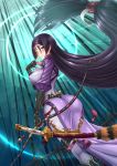  1girl adsouto ass black_hair blue_eyes bodysuit bow_(weapon) breasts covered_nipples fate/grand_order fate_(series) highres huge_breasts impossible_bodysuit impossible_clothes katana long_hair looking_at_viewer looking_back minamoto_no_raikou_(fate/grand_order) sword very_long_hair weapon 