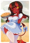  1girl 2018 ;q apple apron bangs basket black_hair blue_dress blue_earrings braid breasts cleavage commentary cowboy_shot demon_girl demon_tail dirndl dress english_commentary eyebrows_visible_through_hair feet_out_of_frame food freckles fruit german_clothes heart heart_necklace highres horns long_braid long_hair low-tied_long_hair medium_breasts meruccubus_(merunyaa) merunyaa multicolored multicolored_eyes naughty_face one_eye_closed oni_horns original pie plaid pointy_ears prehensile_tail red_eyes red_skin short_eyebrows signature solo succubus tail thigh-highs tongue tongue_out tooth_gap twin_braids waist_apron white_legwear yellow_eyes 