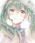  1girl crying crying_with_eyes_open detached_sleeves floating_hair green_eyes green_hair green_neckwear grey_shirt hair_between_eyes hatsune_miku long_hair looking_at_viewer microphone necktie portrait shirt sleeveless sleeveless_shirt smile solo tears twintails umigumo_yuuna very_long_hair vocaloid 