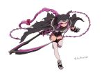  1girl asaya_minoru black_cape black_leotard bow braid cape chains closed_mouth fate/grand_order fate_(series) full_body gauntlets grey_footwear hair_bow holding holding_scythe hood hood_up hooded_cape leaning_forward leotard long_hair looking_at_viewer medusa_(lancer)_(fate) pink_eyes pink_hair red_bow rider scythe sidelocks single_braid solo standing standing_on_one_leg thigh-highs twitter_username very_long_hair white_legwear 