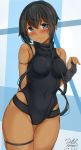  1girl 3: arm_behind_back arm_strap bangs bare_shoulders black_gloves black_hair black_leotard blue_background blue_eyes blush breasts closed_mouth commentary_request covered_navel cowboy_shot dark_skin dated fingerless_gloves frown gloves groin hair_between_eyes head_tilt highres impossible_clothes impossible_leotard leotard looking_at_viewer medium_breasts original short_hair_with_long_locks sidelocks signature solo sweat thigh_strap turtleneck yuzu_lemon 