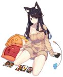  1girl alternate_costume animal_ears azur_lane bangs bare_legs barefoot black_hair blue_eyes blush breasts card casual cat_ears cleavage closed_mouth collarbone full_body fusou_(azur_lane) hanafuda large_breasts long_hair long_sleeves looking_at_viewer naked_sweater off_shoulder official_art pillow rain_lan ribbed_sweater shiny shiny_hair sitting sleeves_past_wrists smile solo sweater swept_bangs transparent_background yokozuwari 