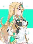  1girl bangs blonde_hair breasts cleavage dress earrings elbow_gloves eyebrows_visible_through_hair gem gloves green_background grimmelsdathird hair_ornament headpiece highres mythra_(xenoblade) jewelry large_breasts long_hair nintendo pose simple_background solo swept_bangs tiara very_long_hair white_background white_dress xenoblade_(series) xenoblade_2 yellow_eyes 