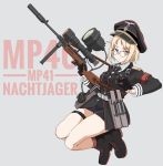  1girl armband blonde_hair character_name commentary_request explosive girls_frontline glasses gloves grenade gun hat highres infrared iron_cross korean_commentary military military_hat military_uniform mp40_(girls_frontline) mp41 peaked_cap perfect_han round_eyewear scope short_hair simple_background skull solo submachine_gun suppressor trigger_discipline uniform weapon yellow_eyes 