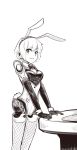  1girl absurdres aegis_(persona) android animal_ears boa_(brianoa) bow bowtie breasts bunny_girl bunny_tail bunnysuit commentary detached_collar fake_animal_ears fishnets highres looking_at_viewer monochrome persona persona_3 rabbit_ears short_hair simple_background solo tail white_background wrist_cuffs 