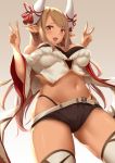  1girl bangs bare_shoulders belt black_panties black_shorts blonde_hair blush breasts brown_eyes cleavage cowboy_shot crop_top dark_skin double_v draph fur_trim gradient gradient_background granblue_fantasy groin hand_gesture hands_up highleg highleg_panties horns kuvira_(granblue_fantasy) large_breasts long_hair looking_at_viewer micro_shorts midriff navel open_mouth panties pointy_ears shorts smile solo standing stomach suzuame_yatsumi thigh-highs thighs underwear v white_legwear wide_sleeves 