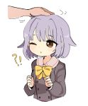  !? 1boy 1girl bangs blunt_bangs blush bob_cut bow bowtie brown_eyes buttons commentary cropped_torso disembodied_limb grey_jacket hair_flaps hands_up highres idolmaster idolmaster_cinderella_girls jacket koshimizu_sachiko lavender_hair one_eye_closed open_mouth petting pink_sailor_collar sailor_collar school_uniform seu_9(banya) short_hair simple_background solo_focus upper_body white_background yellow_neckwear 