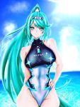  1girl bangs beach breasts competition_swimsuit earrings gem green_eyes green_hair hair_ornament headpiece highres hksicabb jewelry large_breasts long_hair looking_at_viewer nintendo ocean one-piece_swimsuit pneuma_(xenoblade) ponytail pose smile solo spoilers swept_bangs swimsuit tiara very_long_hair xenoblade_(series) xenoblade_2 