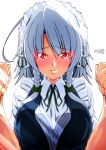  1girl ahoge blue_hair breasts clenched_hands commentary_request dated eyebrows_visible_through_hair hair_ribbon izayoi_sakuya large_breasts long_hair maid_headdress parted_lips puffy_sleeves red_eyes ribbon signature simple_background smile solo tatsuya_(guild_plus) touhou upper_body white_background 