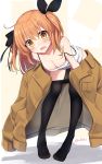  1girl :o ahoge bare_shoulders bent_over black_legwear black_ribbon blush breasts brown_coat brown_hair camisole cleavage coat collarbone commentary_request fine_fabric_emphasis full_body hair_ribbon highres long_hair long_sleeves looking_at_viewer medium_breasts no_pants no_shoes open_mouth orange_eyes original pantyhose pantyhose_pull ribbon sasahara_wakaba shadow shirt solo standing strap_slip sweat thighs twitter_username two_side_up white_shirt wing_collar 