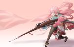  1girl absurdres bangs bayonet black_legwear blue_eyes bow brown_gloves cape carcano_m1891_girls_frontline) girls_frontline gloves gradient gradient_background gun hair_bow hair_ribbon highres holding holding_gun holding_weapon kneehighs long_hair pink_background pink_hair ribbon s_s_zene smile thigh-highs twintails very_long_hair weapon white_bow wide_sleeves 