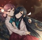  2girls ahoge asymmetrical_bangs bangs black_hair blue_neckwear bow bowtie closed_mouth dress english_text eyebrows_visible_through_hair eyelashes fujinami_(kantai_collection) hair_over_one_eye hair_ribbon hayashimo_(kantai_collection) highres kantai_collection long_hair long_sleeves looking_at_viewer miroku_san-ju multiple_girls ocean ponytail purple_dress purple_hair ribbon shirt side_ponytail signature sky violet_eyes water white_ribbon white_shirt yellow_eyes 