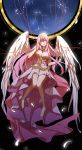  1girl absurdres amulet angel_wings bare_legs blue_eyes blush bracelet breasts cable commentary constellation dress hand_on_headphones headphones highres hoshikuzu_utopia_(vocaloid) jewelry knees_together_feet_apart large_breasts long_hair megurine_luka night pink_hair sky slippers smile solo star star_(sky) starry_sky very_long_hair vocaloid wings zi_roland 