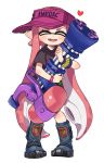  1girl :d ^_^ black_shirt blue_footwear blush boots bracelet closed_eyes closed_eyes domino_mask fangs full_body hat heart holding inkling jewelry legs_apart long_hair maco_spl mask mini_splatling_(splatoon) open_mouth pink_hair pink_hat pointy_ears shirt short_sleeves simple_background smile solo splatoon splatoon_(series) splatoon_2 standing suction_cups t-shirt tentacle_hair very_long_hair visor_cap white_background wristband 
