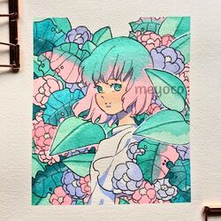  1girl aqua_eyes aqua_hair artist_name bangs border flower from_side leaf looking_at_viewer meyoco multicolored_hair original photo pink_flower pink_hair plant purple_flower rectangle shirt short_hair solo traditional_media two-tone_hair white_border white_shirt 