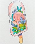  1girl artist_name bangs blue_eyes blue_flower flower food highres leaf long_hair meyoco original photo pink_hair plant popsicle profile simple_background solo traditional_media transparent white_background 