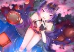  1girl :d alcohol bangs blunt_bangs breasts bridal_gauntlets cherry_blossoms cleavage collarbone cup eyebrows_visible_through_hair fate/grand_order fate_(series) from_above gem hair_ornament highres holding holding_cup horns looking_up open_mouth purple_hair sakazuki sake short_hair shuten_douji_(fate/grand_order) sitting sll small_breasts smile soaking_feet solo water 
