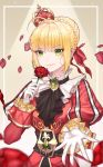  1girl absurdres ahoge blonde_hair braid brooch crown crown_braid fate/extra fate/grand_order fate_(series) flower gloves green_eyes hair_ribbon highres holding holding_flower huge_filesize jewelry juliet_sleeves long_sleeves looking_at_viewer nero_claudius_(fate) nero_claudius_(fate)_(all) outstretched_hand petals puffy_sleeves red_ribbon ribbon rose s_s_zene sidelocks simple_background smile solo tilted_headwear white_gloves 