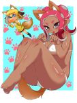  2girls animal_ears bikini blue_eyes breasts cleavage collar dark_skin dog_ears dog_girl dog_tail highres hood hoodie large_breasts looking_at_viewer multiple_girls octoling paw_pose paw_print penginmaru shorts splatoon_(series) squidbeak_splatoon swimsuit tail violet_eyes 