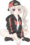  1girl backwards_hat chewing_gum commentary grasscat030 hat highres hood hoodie long_hair looking_at_viewer maplestory mole mole_under_eye orchid_(maplestory) pout shirt side_ponytail silver_hair sitting solo violet_eyes white_background white_shirt 