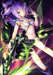  1girl animal_ears animal_hood azur_lane bangs bare_arms bare_legs bear_ears black_ribbon blue_footwear boots bracelet breasts cleavage closed_mouth collarbone commentary_request fake_animal_ears feet_out_of_frame garter_straps glowing glowing_eye green_eyes hair_ornament hair_over_one_eye hair_ribbon hand_up holding holding_spear holding_weapon hood hood_down javelin_(azur_lane) jewelry light long_hair looking_at_viewer machinery medium_breasts midriff navel polearm ponytail purple_hair revealing_clothes ribbon science_fiction shimo_(shimo332215) smile smoke solo spear stomach thighs turret w weapon x_hair_ornament 