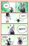  2girls 4koma =_= animal_ears ass bag bamboo bamboo_forest bangs black_eyes black_hairband black_neckwear black_ribbon black_sweater border breasts comic commentary cowboy_shot english_commentary english_text feet_out_of_frame food forehead forest gradient gradient_background green_background green_skirt green_vest gun hair_ribbon hairband hand_up handbag head_out_of_frame highres hitodama holding holding_food holding_gun holding_sword holding_weapon ice_cream katana konpaku_youmu konpaku_youmu_(ghost) long_hair lunatic_gun miniskirt multiple_girls nature neck_ribbon necktie open_mouth outdoors pink_border pink_skirt puffy_short_sleeves puffy_sleeves purple_hair rabbit_ears red_eyes red_neckwear reisen_udongein_inaba ribbon scabbard sheath sheathed shirt short_hair short_sleeves silver_hair skirt skirt_set slashing small_breasts speech_bubble standing sweater sword thighs touhou trigger_discipline upper_body v-shaped_eyebrows vest weapon white_shirt wing_collar yoruny 