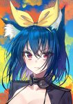  1girl animal_ear_fluff animal_ears bangs black_jacket blue_hair blush closed_mouth commentary_request eyebrows_visible_through_hair hair_between_eyes hair_ribbon hairband jacket looking_at_viewer minatoasu multicolored multicolored_background original red_eyes ribbon solo upper_body v-shaped_eyebrows yellow_hairband yellow_ribbon 