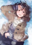  1girl asymmetrical_bangs bangs blue_cardigan blush brown_coat brown_eyes brown_hair coat fly_(marguerite) food hand_on_forehead looking_at_viewer lying open_mouth original pleated_skirt shirt short_hair skirt smile snow solo white_shirt wing_collar 