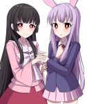  2girls animal_ears arms_up bangs black_hair blue_coat blunt_bangs blush bow bright_pupils commentary_request eyebrows_visible_through_hair hand_holding hand_on_own_chest hime_cut houraisan_kaguya interlocked_fingers lavender_hair long_hair looking_at_viewer multiple_girls necktie parted_lips pink_eyes pink_shirt pink_skirt pleated_skirt rabbit_ears red_eyes red_neckwear red_skirt reisen_udongein_inaba shirt simple_background skirt smile standing suit_jacket touhou tsukimirin upper_body very_long_hair white_background white_bow white_pupils 