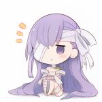  1girl :&lt; bandage bandage_over_one_eye bandaged_head bandaged_leg bandages bangs bare_shoulders barefoot beni_shake blush chibi commentary_request empty_eyes eyebrows_visible_through_hair fate/grand_order fate_(series) full_body hair_between_eyes kingprotea long_hair looking_at_viewer moss notice_lines parted_lips purple_hair shadow sitting solo triangle_mouth very_long_hair violet_eyes white_background 