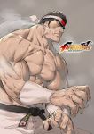  1boy azuma_kyoutarou_(artist) bare_arms bare_shoulders belt check_commentary chest closed_eyes commentary commentary_request daimon_gorou fighting_stance flexing headband highres logo muscle official_art pose snk the_king_of_fighters the_king_of_fighters_xiv veins wristband 