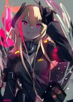  1girl absurdres armband artist_name bandanna blonde_hair breasts cleavage fang girls_frontline glowing highres long_hair looking_at_viewer m4_sopmod_ii_(girls_frontline) multicolored_hair red_eyes smile solo streaked_hair tegar32 tongue tongue_out upper_body 