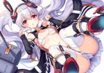  1girl animal_ears ass azur_lane bare_shoulders bikini black_gloves breasts cannon cleavage clenched_hands commentary_request elbow_gloves eyebrows_visible_through_hair fake_animal_ears from_below gloves hair_between_eyes hairband ichigo_seika jacket jitome laffey_(azur_lane) long_hair micro_bikini midriff miniskirt navel open_clothes open_jacket open_mouth pleated_skirt rabbit_ears red_eyes red_hairband silver_hair skirt sleeveless small_breasts spread_legs stomach swimsuit thigh-highs thighs twintails under_boob very_long_hair white_legwear 