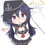  1girl admiral_(kantai_collection) akatsuki_(kantai_collection) anchor_symbol bangs black_hat black_sailor_collar black_skirt blush colored_shadow commentary_request drop_shadow eyebrows_visible_through_hair flat_cap gloves hair_between_eyes hands_up hat heart highres ichi kantai_collection long_hair long_sleeves looking_at_viewer neckerchief open_mouth pleated_skirt pov purple_hair red_neckwear sailor_collar shadow shirt skirt solo_focus sweat tears translated very_long_hair violet_eyes wall_slam white_background white_gloves white_shirt 