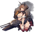  1girl anchor black_skirt boots breasts brown_hair capelet chains cleavage coat fire gloves green_eyes headband kantai_collection kneeling large_breasts machinery midriff mutsu_(kantai_collection) official_art pleated_skirt red_legwear remodel_(kantai_collection) rigging shizuma_yoshinori short_hair simple_background skirt smoke solo striped striped_skirt thigh-highs thigh_boots torn_clothes transparent_background turret white_gloves 