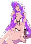  1girl :d bikini black_ribbon breasts cleavage collar holding holding_hair long_hair looking_at_viewer macross macross_delta medium_breasts mikumo_guynemer navel one_side_up open_mouth purple_hair red_eyes ribbon shadow side-tie_bikini simple_background sitting smile solo ssn swimsuit very_long_hair white_background white_bikini 