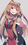  1girl absurdres animal_ears artist_name brown_hair grey_background highres long_hair long_sleeves looking_at_viewer open_mouth pointing pointing_at_viewer raccoon_ears raphtalia red_eyes simple_background solo tate_no_yuusha_no_nariagari tegar32 very_long_hair 