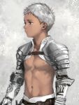  1boy armor b_gent belt dark_skin dark_skinned_male gauntlets looking_to_the_side male_focus navel nipples original pauldrons silver_hair solo tan vambraces 