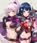  2girls :d armor black_cloak black_shorts blue_hair blush breasts breasts_apart cape character_request cloak closed_mouth commentary_request cowboy_shot fay_(shironeko_project) fingerless_gloves flying_sweatdrops frown fuku_kitsune_(fuku_fox) gauntlets gloves grey_background groin hair_ornament hand_up hands_up highleg highleg_panties highres long_hair looking_at_viewer mare_(shironeko_project) mask mask_removed medium_breasts micro_shorts midriff multicolored_hair multiple_girls navel open_fly open_mouth panties ponytail purple_cape purple_hair red_eyes red_gloves revealing_clothes shironeko_project short_sleeves shorts side-by-side sidelocks silver_hair simple_background single_garter_strap smile sparkle standing stomach two-tone_hair underwear v-shaped_eyebrows very_long_hair violet_eyes wavy_mouth 
