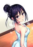  1girl ass bangs black_hair blush breasts breathing cleavage eyebrows_visible_through_hair from_behind hair_between_eyes hair_bun hair_up highres indoors kurokami_(kurokaminohito) kurono_mika long_hair looking_at_viewer looking_back medium_breasts naked_towel open_clothes original red_eyes sidelocks solo towel wet wet_hair 