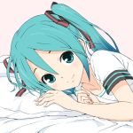  1girl aqua_eyes aqua_hair bed blue_hair collarbone commentary gradient_hair hair_ribbon hatsune_miku light_blush looking_at_viewer lying multicolored_hair on_side pillow pillow_grab ribbon short_sleeves smile solo soukun_s upper_body vocaloid vocaloid_(lat-type_ver) 