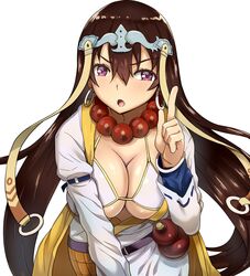  1girl arinotowatari bead_necklace beads bikini bikini_top bikini_under_clothes breasts brown_hair cleavage earrings fate/grand_order fate_(series) gourd hair_between_eyes headpiece hoop_earrings jewelry large_breasts long_hair long_sleeves looking_at_viewer necklace open_mouth prayer_beads robe shakujou simple_background solo staff swimsuit violet_eyes white_background white_bikini_top xuanzang_(fate/grand_order) 