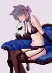  1girl animal_ears bangs bare_shoulders black_bra black_gloves black_panties blush bra braid breasts brown_legwear cat_ears choker couch cup drinking_glass eyeshadow feet_out_of_frame feiqizi_(fkey) fkey frilled_choker frills garter_belt gloves grey_background groin hair_ribbon half-closed_eyes highres holding holding_cup legs_crossed long_hair looking_at_viewer makeup medium_breasts multicolored_hair navel original panties pink_hair pink_ribbon red_eyes ribbon silver_hair simple_background sitting smile solo stomach streaked_hair thigh-highs thighs twin_braids twintails underwear underwear_only wine_glass 
