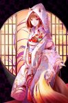  1girl absurdres animal_ears brown_hair floral_print flower fudo_shin hair_flower hair_ornament highres holo hood japanese_clothes kimono long_hair looking_at_viewer obi red_eyes sash sidelocks solo spice_and_wolf standing tail white_kimono wolf_ears wolf_tail 