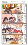  4girls 4koma ? akagi_(kantai_collection) alternate_costume apron ark_royal_(kantai_collection) blonde_hair blue_hakama blush braid brown_hair closed_eyes comic commentary_request egg flower food french_braid hair_between_eyes hairband hakama hakama_skirt highres holding holding_egg holding_food japanese_clothes kaga_(kantai_collection) kantai_collection long_hair megahiyo multicolored multicolored_clothes multiple_girls one_eye_closed open_mouth red_flower red_ribbon red_rose redhead ribbon rose shirt short_hair short_sleeves side_ponytail smile speech_bubble tasuki tiara translation_request twitter_username warspite_(kantai_collection) white_hairband white_shirt 