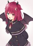  1girl :o absurdres ahoge bangs black_capelet black_dress blue_eyes blush bow brown_wings capelet commentary_request crescent crescent_hair_ornament demon_girl demon_horns demon_wings dress eyebrows_visible_through_hair fang frilled_capelet frilled_dress frills grey_background hair_ornament heterochromia highres horns leaning_forward long_hair long_sleeves looking_at_viewer nijisanji open_mouth racchi. red_bow red_eyes redhead simple_background solo two_side_up virtual_youtuber wings yuzuki_roa 